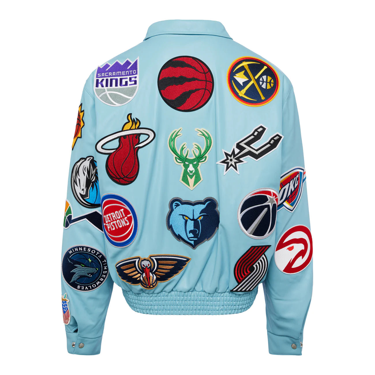 NBA COLLAGE VEGAN LEATHER JACKET CAROLINA BLUE