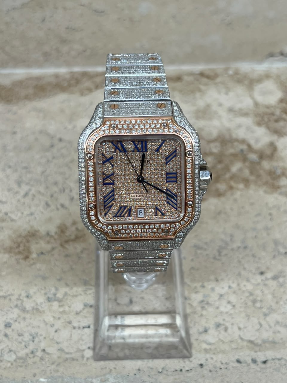 Cartier Santos Full Ice Rose Gold Blue Numbers Talla L 2026 con caja y papeles