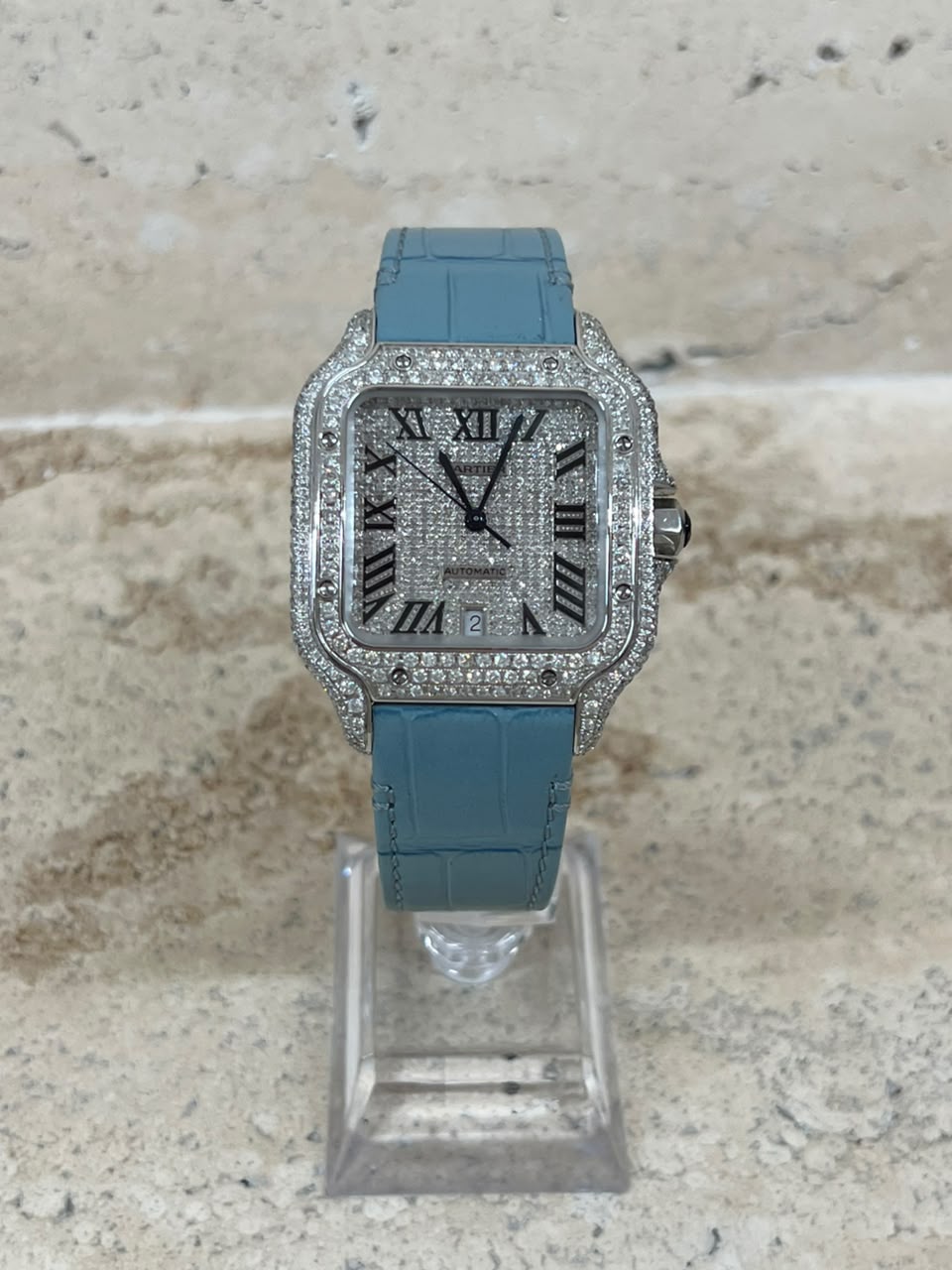 Cartier Santos Full Ice Strap Piel Baby Blue Talla L 2026 con caja y papeles