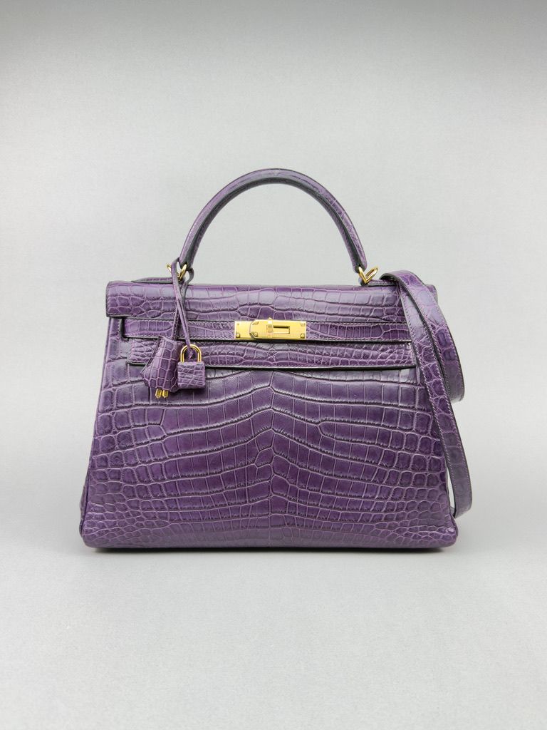 Hermes Kelly 32 Matte Crocodile Amethyste Gold Hardware