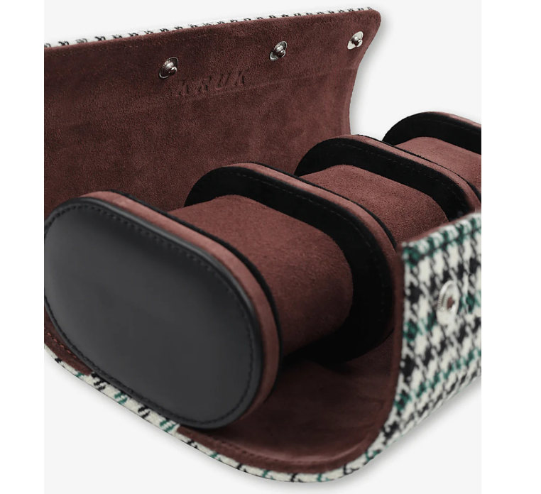 KRUK GREEN PEPITA 3 WATCH TRAVEL & STORAGE CASE WITH CHOCOLATE SUEDE LINING