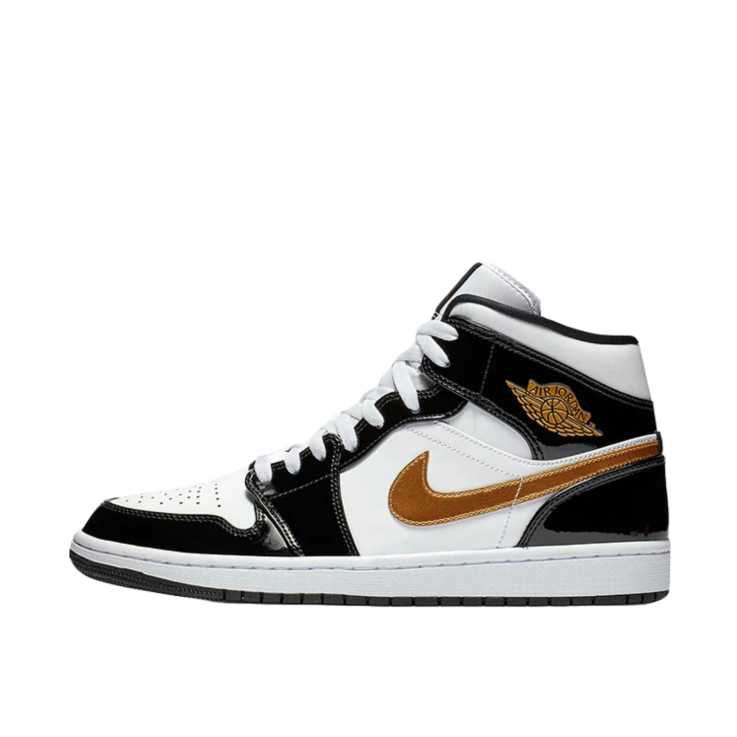 Air Jordan 1 Mid Patent Black White Gold