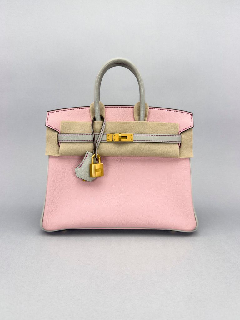 Hermes Birkin 25 Chevre Rose Sakura / Gris Pearl Brushed Gold Hardware