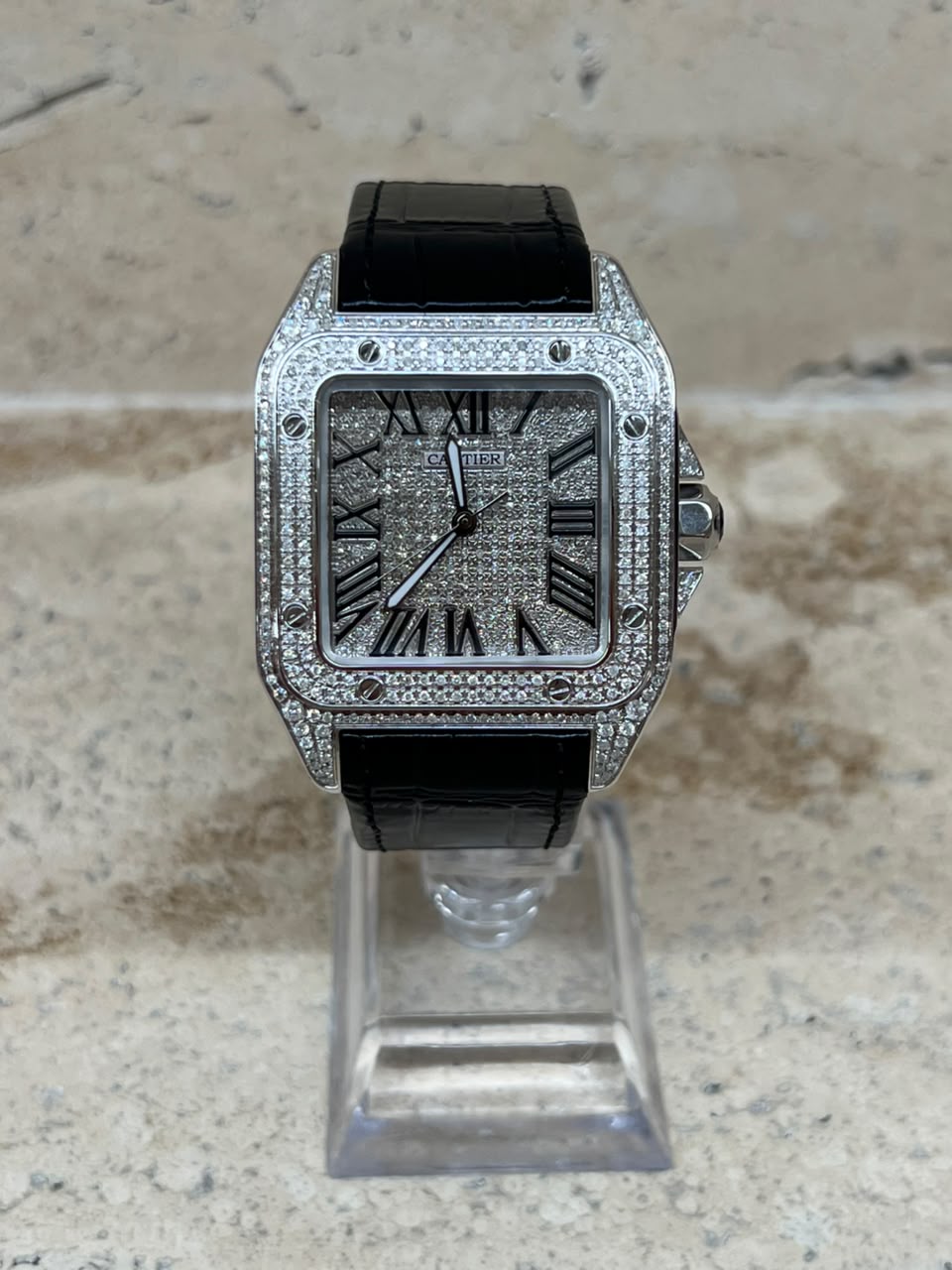 Cartier Santos 100 Full Ice Strap Piel Negro Talla XL 2026 con caja y papeles