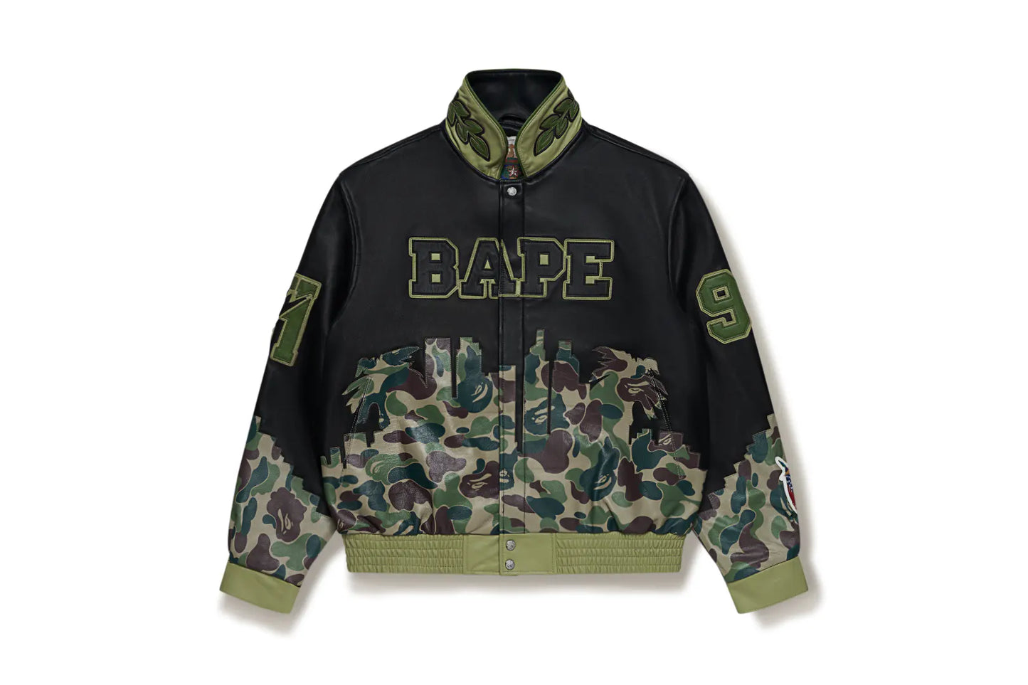 BAPE® X JEFF HAMILTON ABC CAMO MULTI LOGO LEATHER JACKET