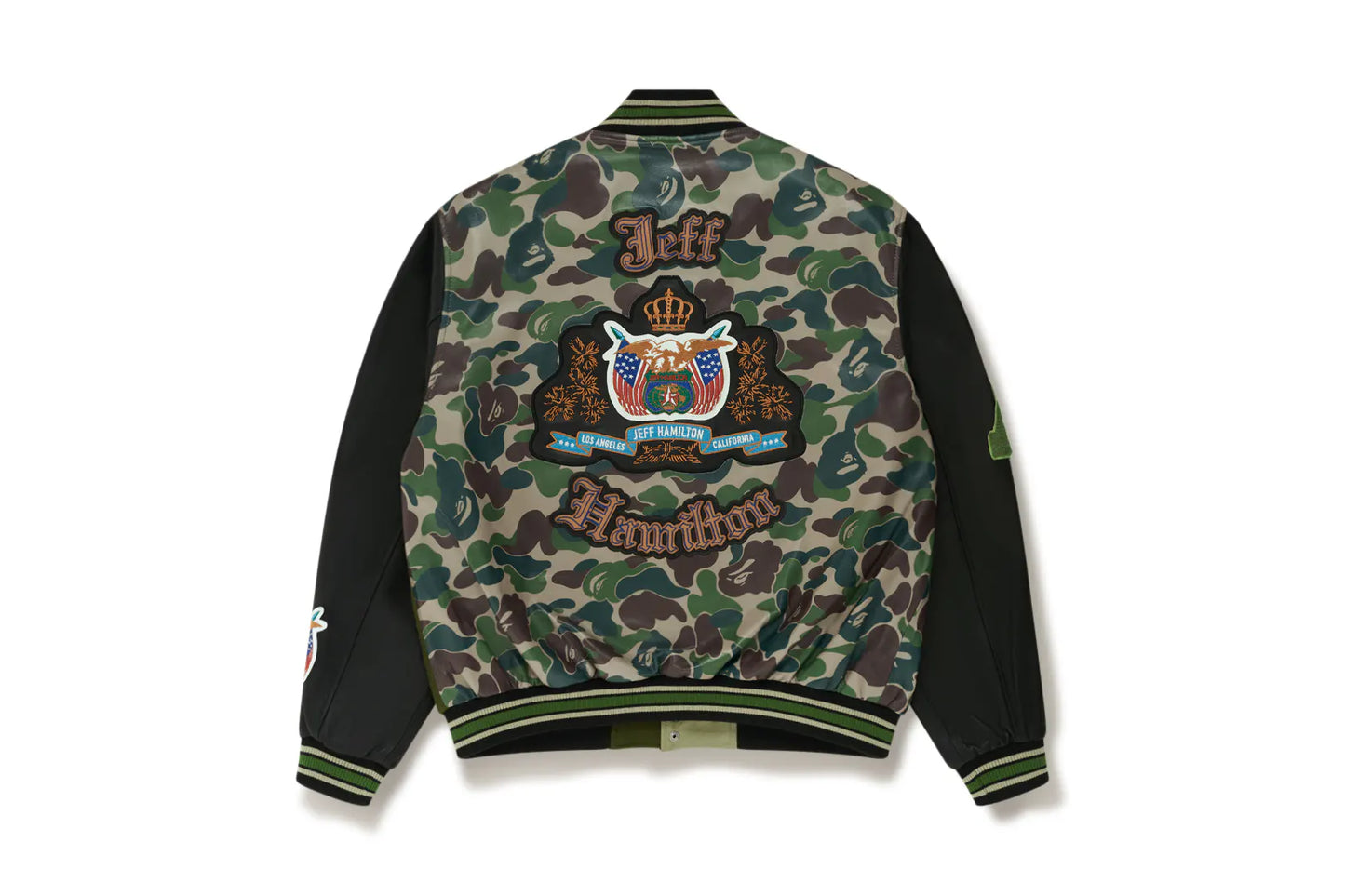 BAPE® X JEFF HAMILTON ABC CAMO MULTI LOGO WOOL AND LEATHER JACKET