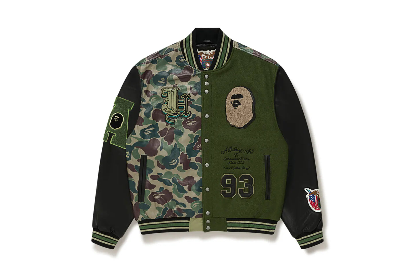 BAPE® X JEFF HAMILTON ABC CAMO MULTI LOGO WOOL AND LEATHER JACKET
