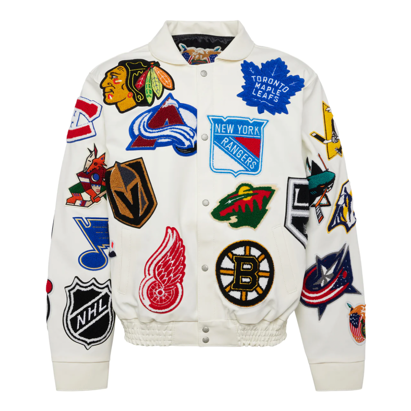 NHL Collage Vegan Leather Jacket White DROP SHOP