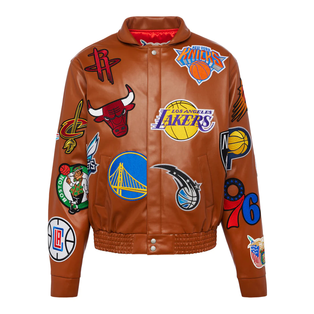 NBA COLLAGE VEGAN LEATHER JACKET CAMEL