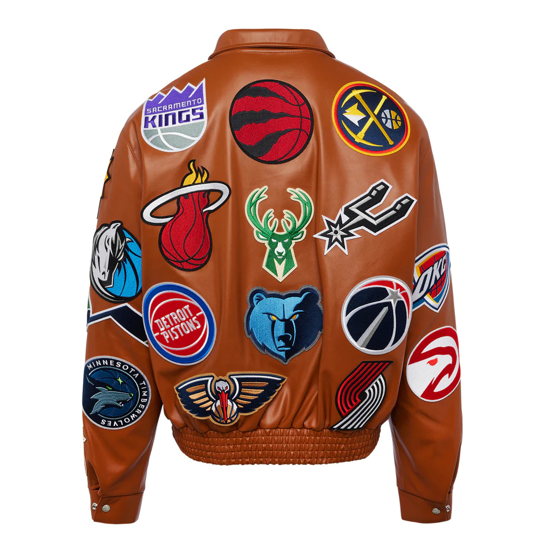 NBA COLLAGE VEGAN LEATHER JACKET CAMEL