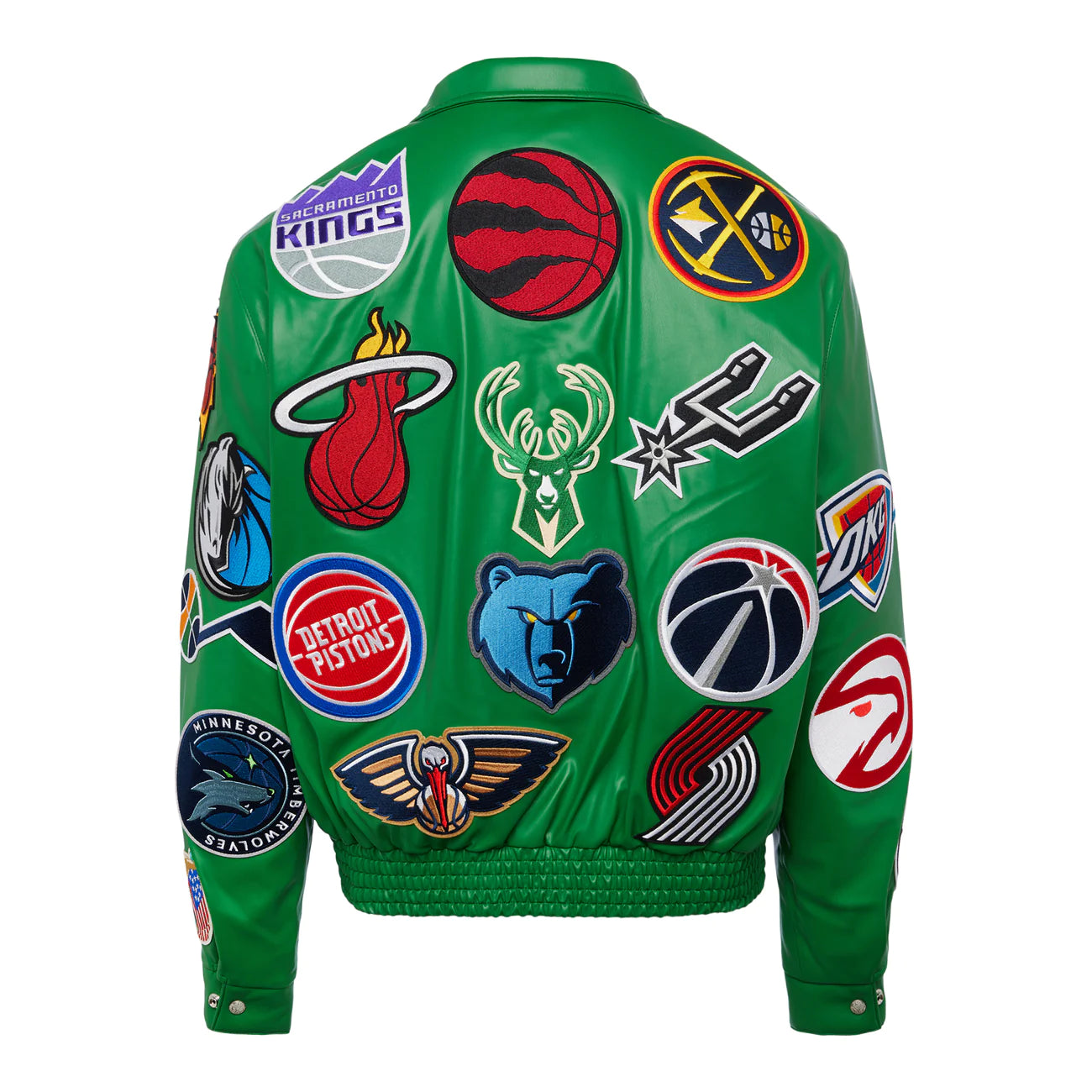 NBA COLLAGE VEGAN LEATHER JACKET GREEN