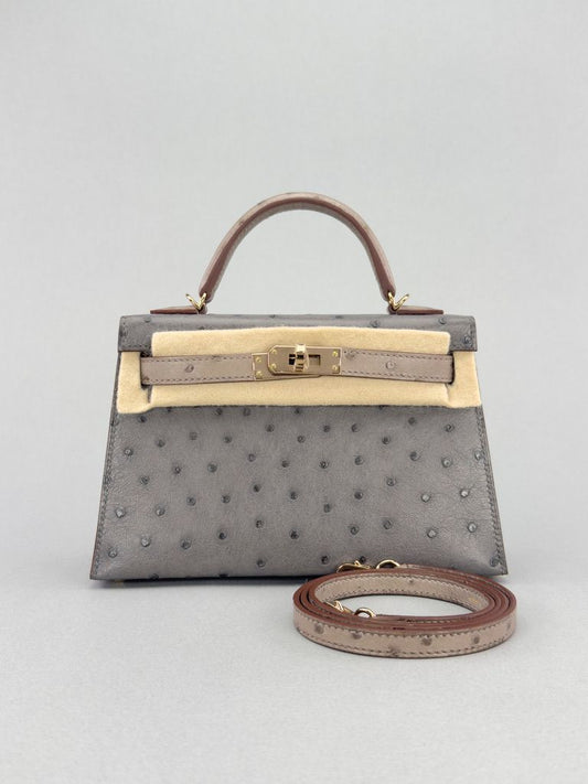 Hermes Mini Kelly 20 Ortrich HSS Graphite / Gris Touterelle Champagne Gold Hardware