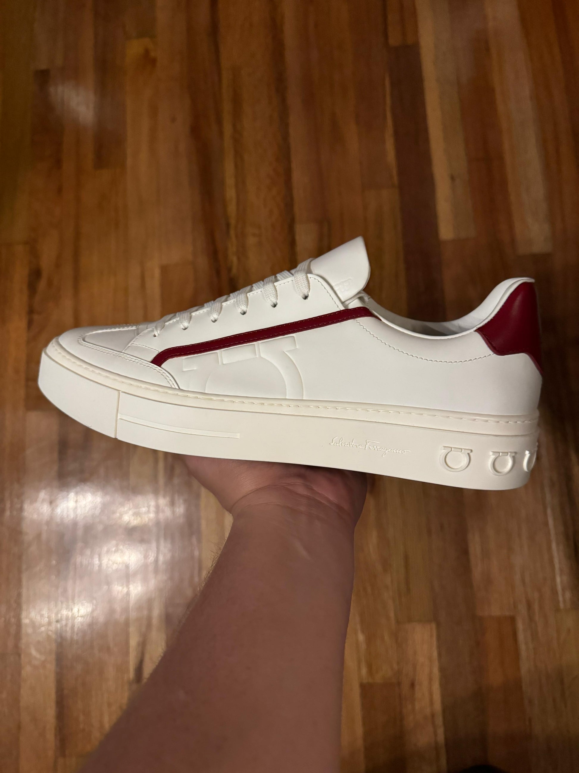 Salvatore Ferragamo Men's Borg Leather Low-Top Sneakers White/Red