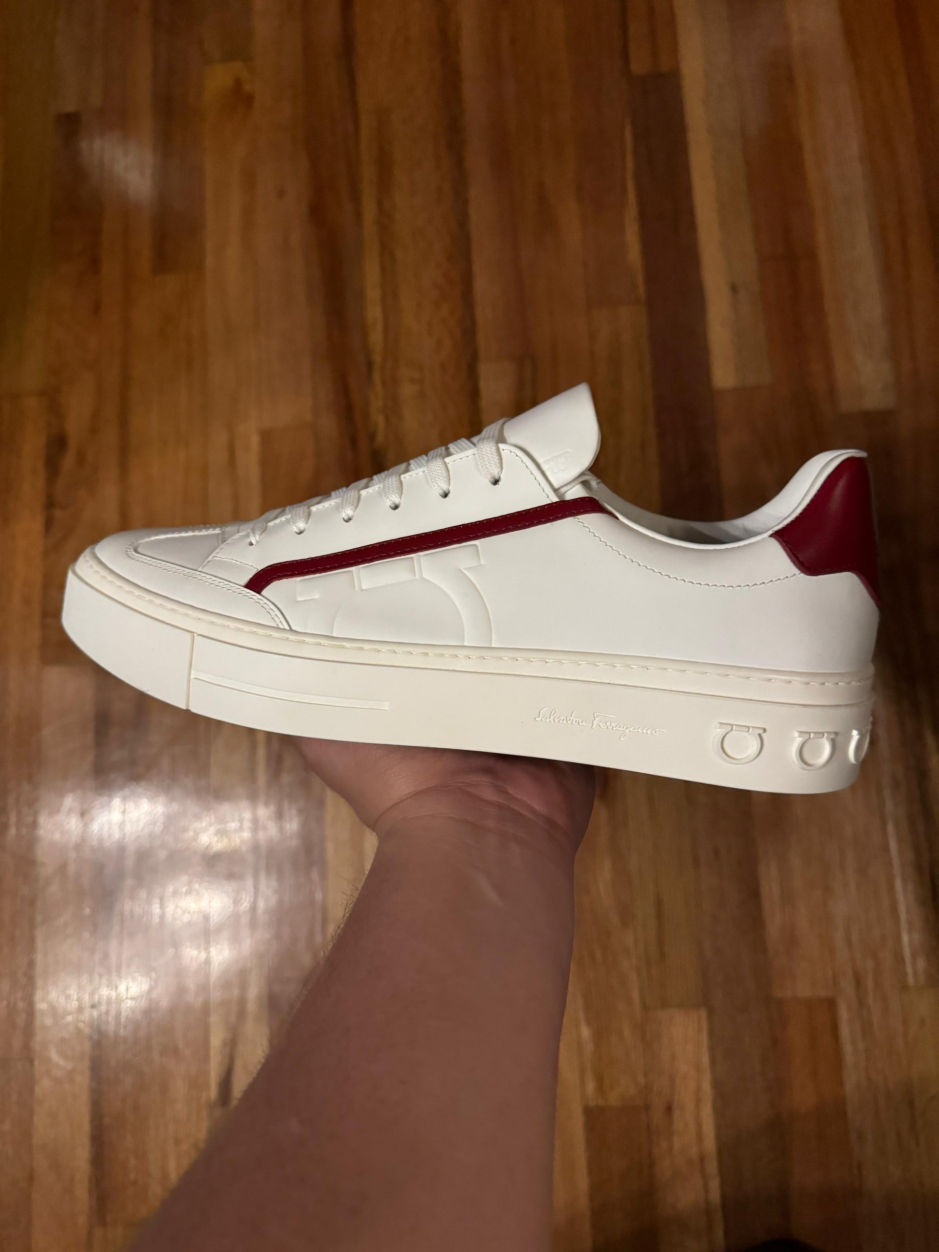 Salvatore Ferragamo Men's Borg Leather Low-Top Sneakers White/Red