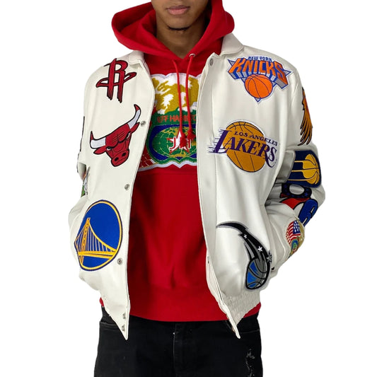 NBA COLLAGE VEGAN LEATHER JACKET White