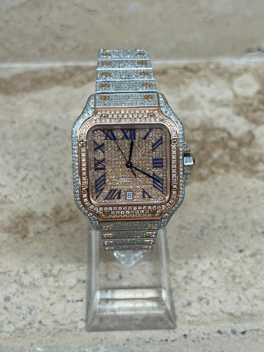 Cartier Santos Full Ice Rose Gold Blue Numbers Talla L 2026 con caja y papeles