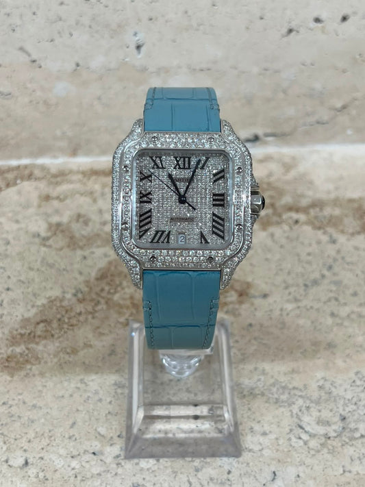 Cartier Santos Full Ice Strap Piel Baby Blue Talla L 2026 con caja y papeles
