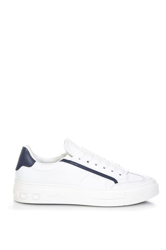 Salvatore Ferragamo Men's Borg Leather Low-Top Sneakers White/Blue