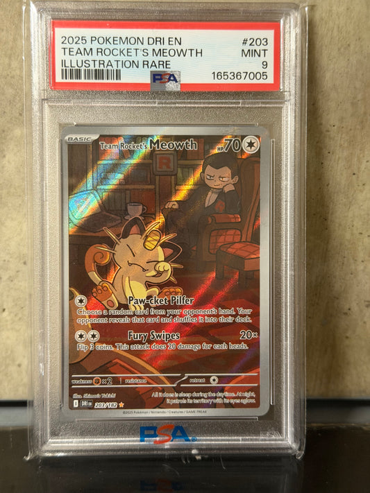 2025 POKEMON DRI EN TEAM ROCKETS MEOWTH ILLUSTRATION RARE #203 MINT 9 PSA