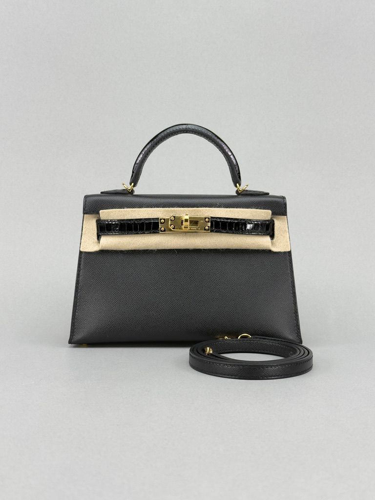 Hermes Mini Kelly 20 Touch Shiny Alligator Black Gold Hardware