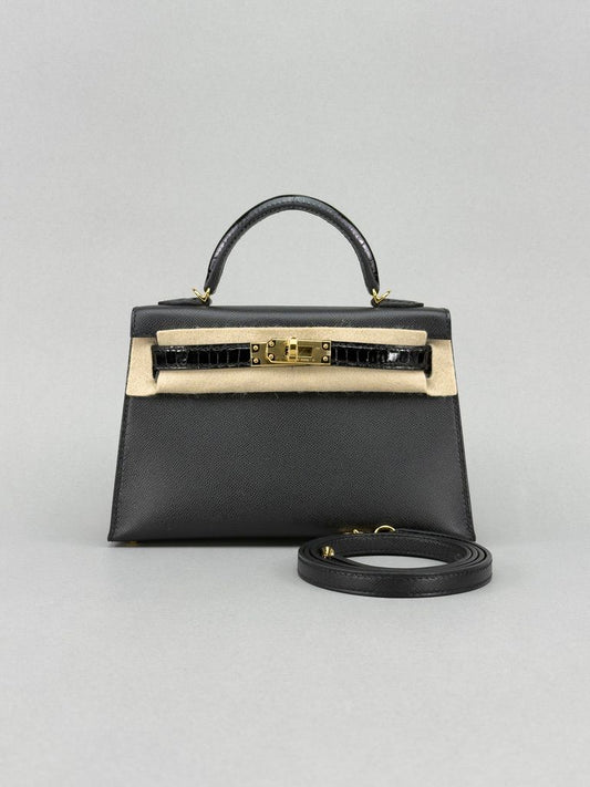 Hermes Mini Kelly 20 Touch Shiny Alligator Black Gold Hardware