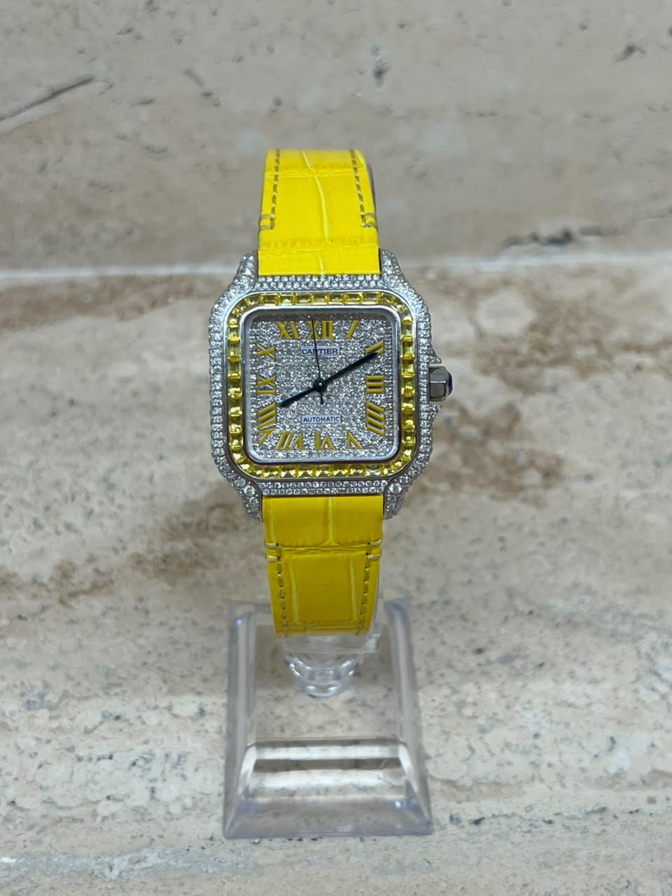 Cartier Santos 100 Full Ice Strap Piel Amarillo Talla M 2026 con caja y papeles