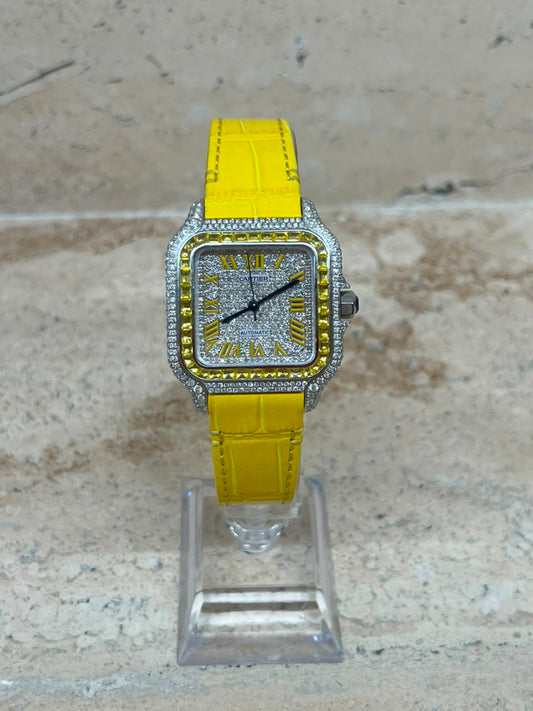 Cartier Santos 100 Full Ice Strap Piel Amarillo Talla M 2026 con caja y papeles