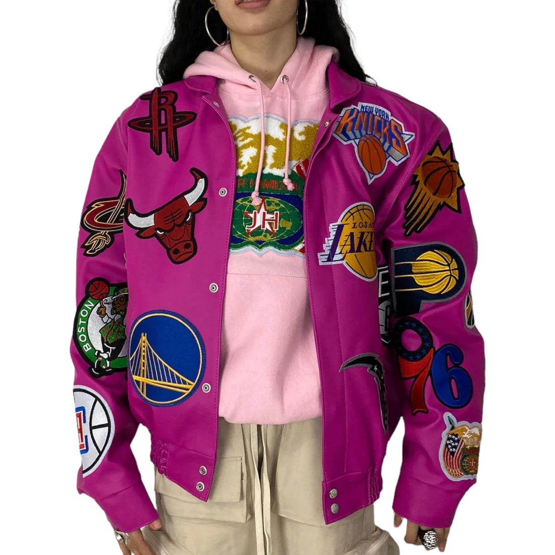 NBA COLLAGE VEGAN LEATHER JACKET Fuchsia