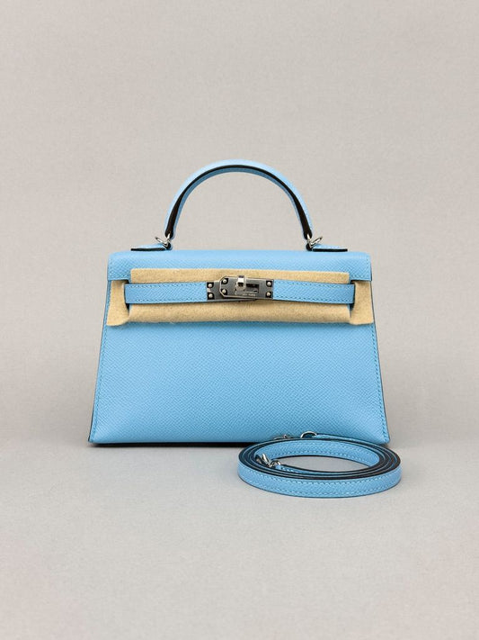 Hermes Mini Kelly 20 Epsom Blue Celeste Palladium Hardware