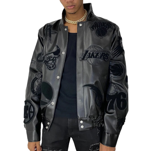 NBA COLLAGE VEGAN LEATHER JACKET Black on Black