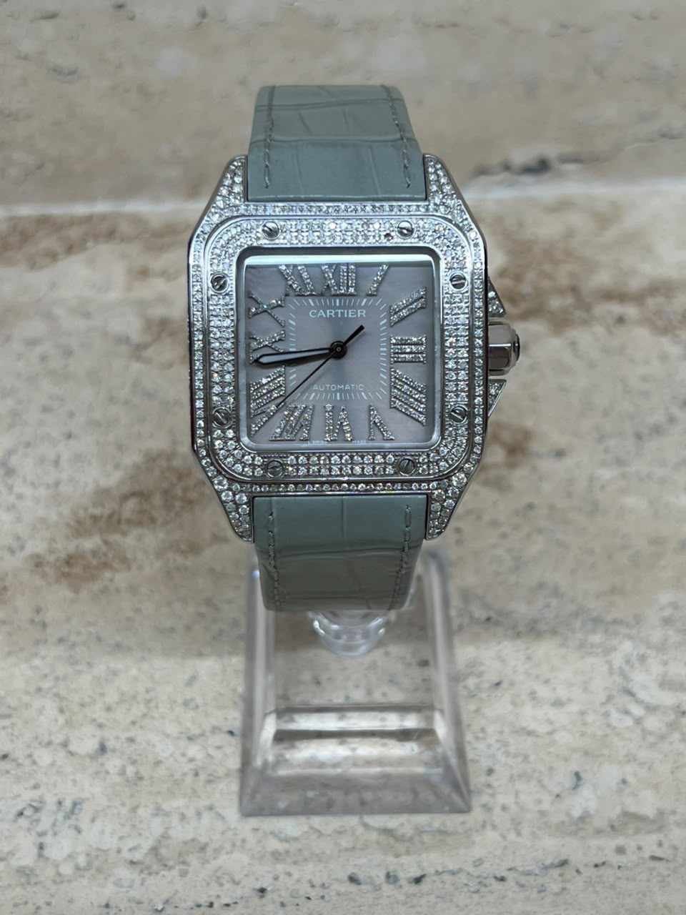Cartier Santos 100 Full Ice Strap Piel Soft Blue Talla XL 2026 con caja y papeles
