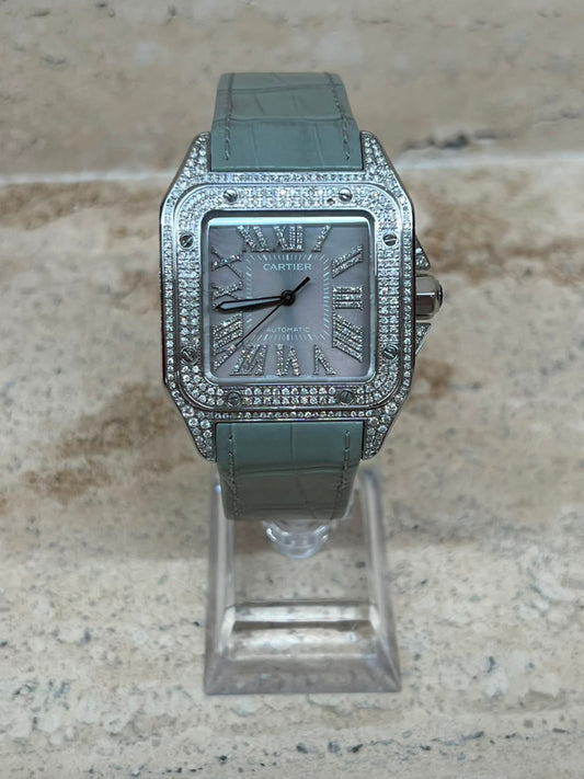 Cartier Santos 100 Full Ice Strap Piel Soft Blue Talla XL 2026 con caja y papeles