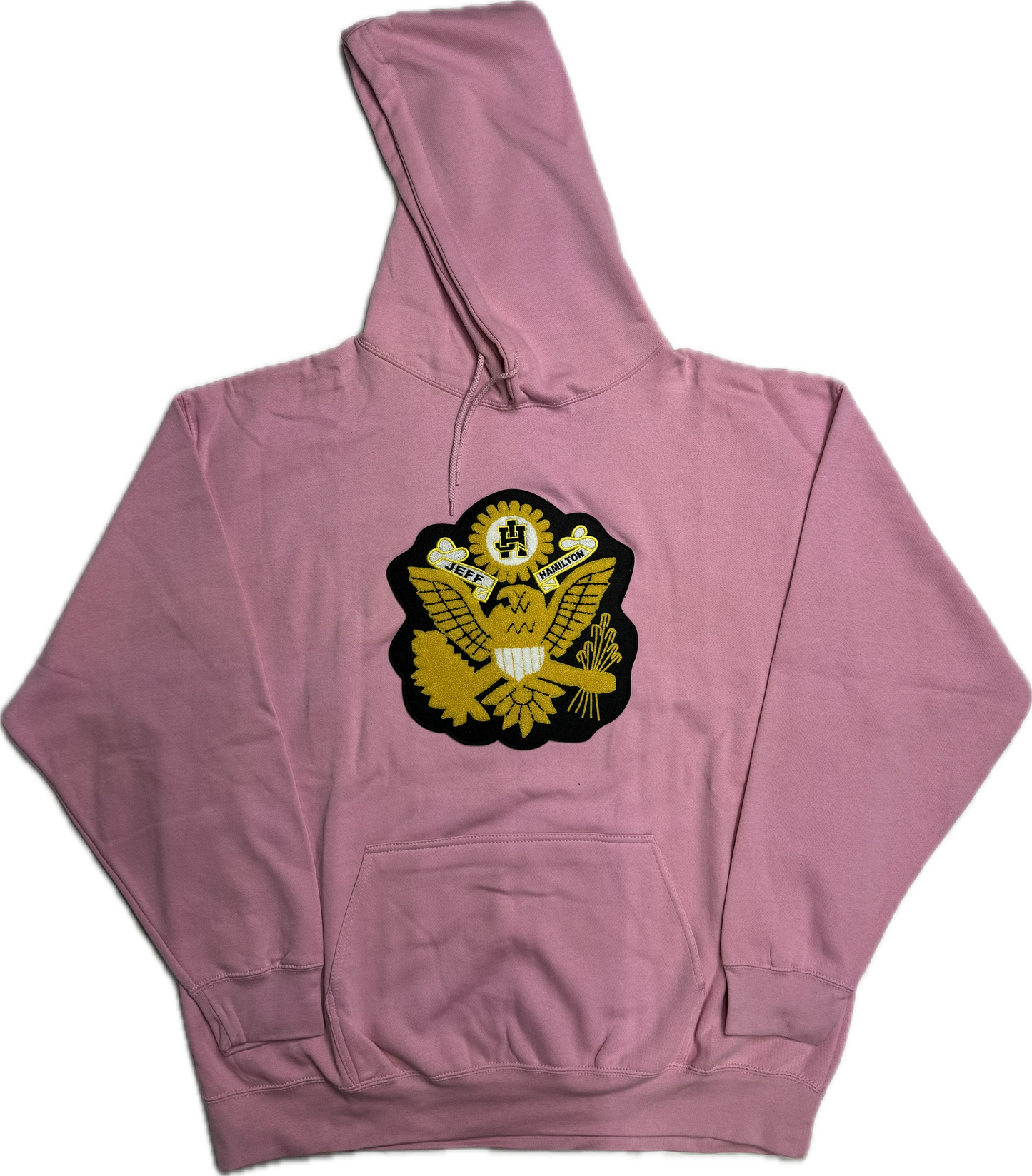 JEFF HAMITLON BLACK AND YELLOW EAGLE PATCH PINK HOODIE