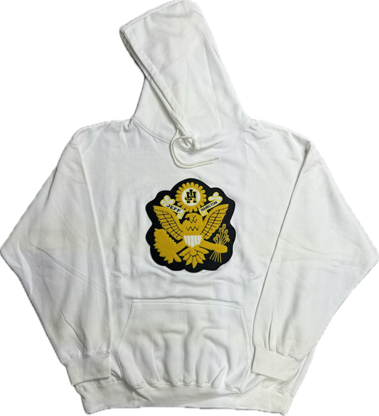 JEFF HAMITLON BLACK AND YELLOW EAGLE PATCH WHITE HOODIE