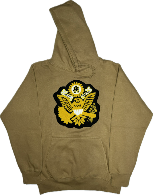 JEFF HAMITLON BLACK AND YELLOW EAGLE PATCH BROWN HOODIE