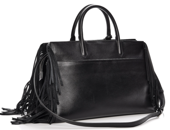 SAINT LAURENT Grained Calfskin Medium Fringe Cabas Rive Gauche Black