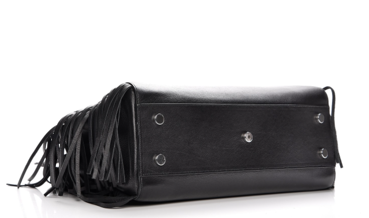 SAINT LAURENT Grained Calfskin Medium Fringe Cabas Rive Gauche Black