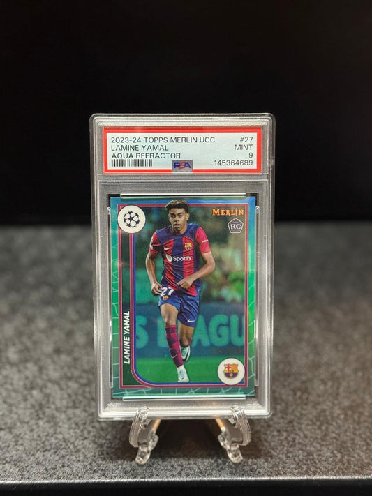 Lamine Yamal 2023 Topps Merlin UEFA Club Competitions Aqua Refractor Rookie Card