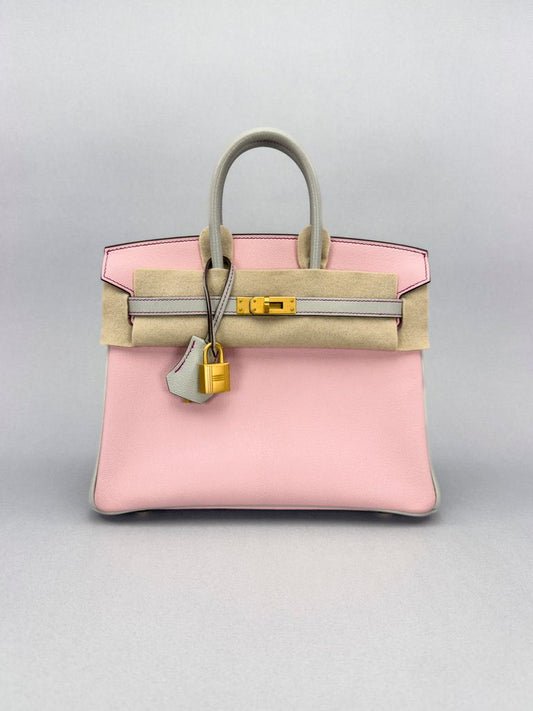 Hermes Birkin 25 Chevre Rose Sakura / Gris Pearl Brushed Gold Hardware