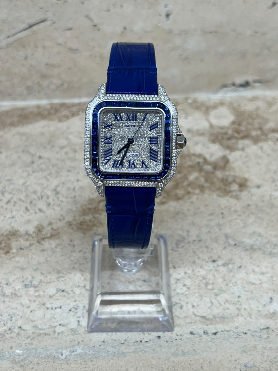 Cartier Santos Full Ice Strap Piel Azul Talla M 2026 con caja y papeles