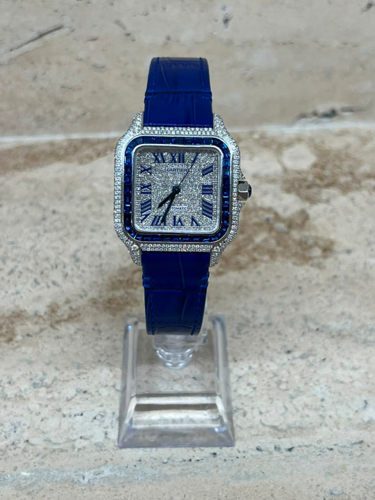 Cartier Santos Full Ice Strap Piel Azul Talla M 2026 con caja y papeles