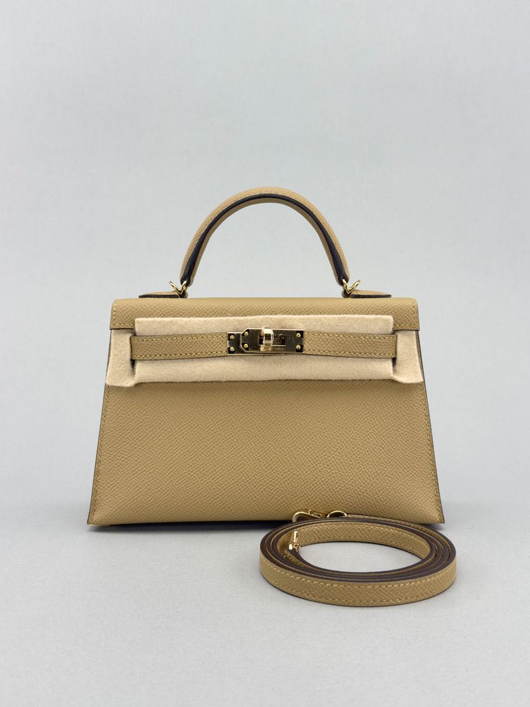 Hermes Mini Kelly 20 Epsom Poussiere Champagne Gold Hardware