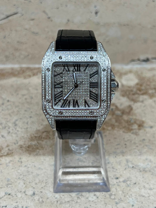 Cartier Santos 100 Full Ice Strap Piel Negro Talla XL 2026 con caja y papeles