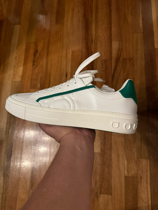 Salvatore Ferragamo Men's Borg Leather Low-Top Sneakers White/Green