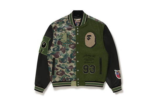 BAPE® X JEFF HAMILTON ABC CAMO MULTI LOGO WOOL AND LEATHER JACKET