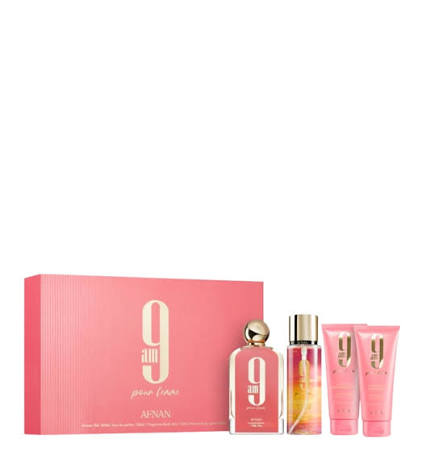 Set Afnan 9 AM Pour Femme 4 Pzs — Eau de Parfum 100ml + Body Mist 150ml + Loción Corporal 100ml + Gel de Ducha 100ml