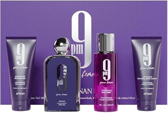 Set Afnan 9PM Pour Femme 4 Pzs – EDP 100ML + Body Mist 150ML + Loción Corporal 100ML + Gel de Ducha 100ML