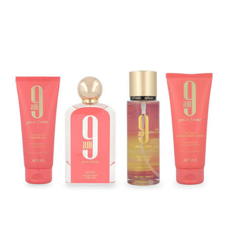 Set Afnan 9 AM Pour Femme 4 Pzs — Eau de Parfum 100ml + Body Mist 150ml + Loción Corporal 100ml + Gel de Ducha 100ml