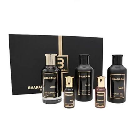 Set Bharara Onyx 5 Pzs – EDP 100ML + EDP Mini 10ML + Loción Corporal 200ML + Gel de Ducha 200ML + Bharara Chocolate EDP 10ML