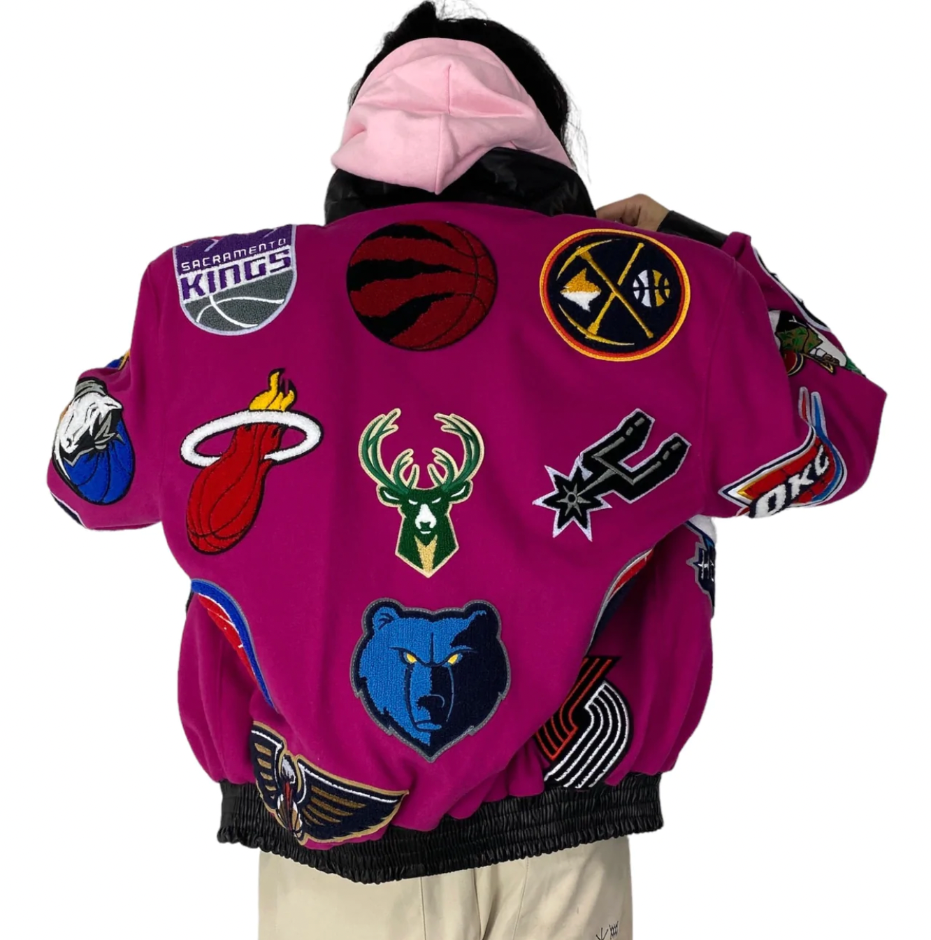 NBA Collage Wool & Leather Jacket Fushia